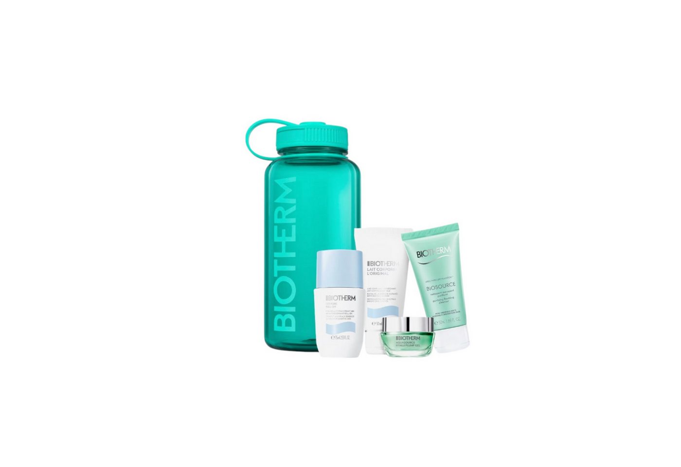 BIOTHERM Körperpflegemittel Biotherm Aquasource Drop-Set Grün Deo Pure Roll-On 75 ml + Lait Corporel 50 ml + Aquasource Hyalu Plump Gel 15 ml+ Biosource Cleanser 50 ml / 1 Stk., 5-tlg. von BIOTHERM