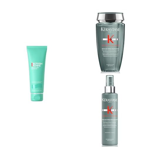 Biotherm Homme x Kérastase Routine Herren, Biotherm Homme Aquapower Cleanser, 125ml & Kérastase Genesis Homme Bain de Force Quotidien Shampoo 250ml & Kérastase Spray de Force Épaississant 150ml von BIOTHERM