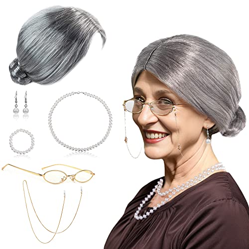 BIQIQI Oma Perücke Damen Old Lady Kostüm Großmutter Cosplay Zubehör mit Oma Perücke, Perückenmütze, Madea Oma Brille, Brillenketten Kordelriemen, Perlenschmuck Oma Verkleidung für Fasching Karneva von BIQIQI