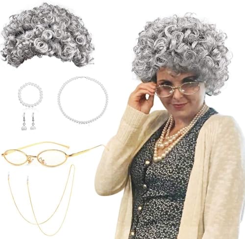 BIQIQI Oma Perücke Grauer Old Lady Kostüm Set Damen Großmutter Cosplay Zubehör mit Locken Oma Perücke, Madea Oma Brille, Brillenketten Kordelriemen, Perlenschmuck Oma Verkleidung Fasching Karneval von BIQIQI