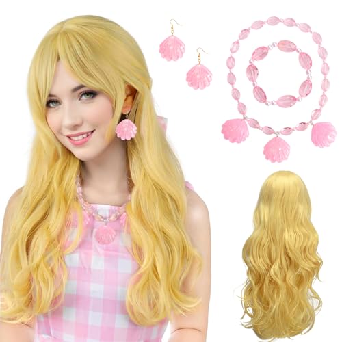 BIQIQI Perücke Prinzessin Damen Mädchen Blond Lange Gewellte Perücke Welle mit Pony Perücken mit Muschelkette, Rosa Ohrringe in Muschelform, Rosa Armband Kostümzubehör für Mädchen und Frauen von BIQIQI