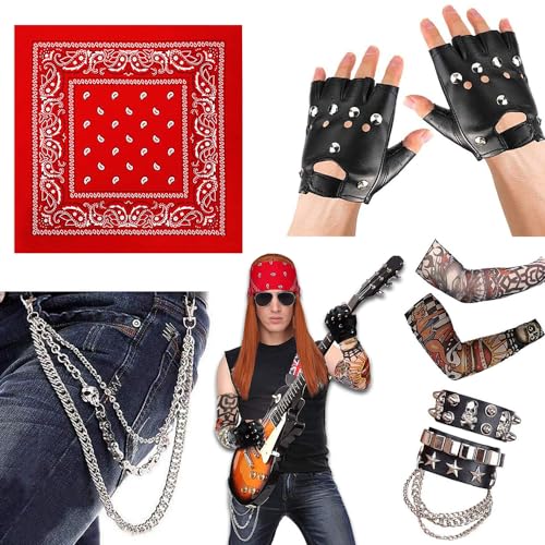 BIQIQI Punk Gothic Rocker Kit 70er 80er 90er Jahre Schwermetall Disco Kostüm Zubehör mit Punk Bandanas Handschuhe Punk Kette Lederarmband und Arm Fake Tattoo Ärmel Cover für Männer Frauen Punk Rocker von BIQIQI