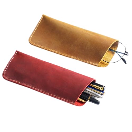 BIRJXVTO Federmäppchen aus Leder, Vintage-Stil, für Damen und Herren, tragbare Aufbewahrung, Brillen, Schutzhülle, Zubehörtasche, braun, 18x7.5cm von BIRJXVTO