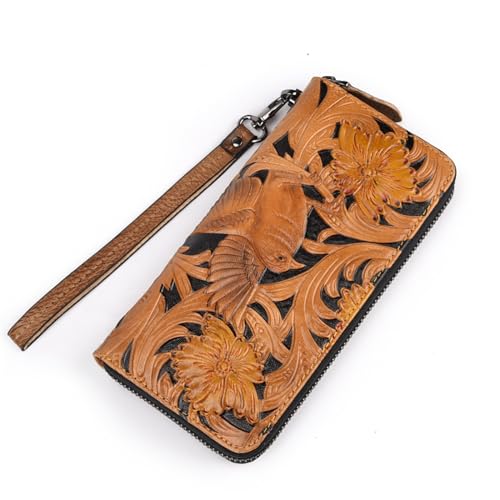 BIRJXVTO Herren-Geldbörse Vintage Geldbörse Leder Leder Schnitzerei Handwerk Lässige Reißverschlusstasche Handgeriebene Farbe Herrentasche Bifold-Geldbörse für Herren von BIRJXVTO