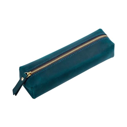 BIRJXVTO Leder Federmäppchen Leder Stift Organizer Herren Reißverschluss Stifteetui Schüler Federmäppchen Schreibwaren Tasche Zubehörtasche, blau, 18x5.5cm von BIRJXVTO