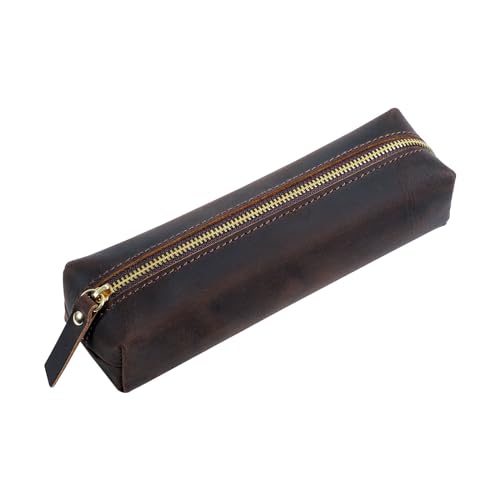 BIRJXVTO Leder Federmäppchen Leder Stift Organizer Herren Reißverschluss Stifteetui Schüler Federmäppchen Schreibwaren Tasche Zubehörtasche, coffee, 18x5.5cm von BIRJXVTO