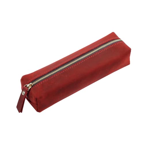 BIRJXVTO Leder Federmäppchen Leder Stift Organizer Herren Reißverschluss Stifteetui Schüler Federmäppchen Schreibwaren Tasche Zubehörtasche, weinrot, 18x5.5cm von BIRJXVTO