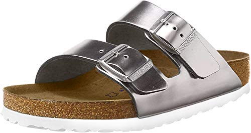 BIRKENSTOCK Arizona Leder-Sandalen unisex, Silber (Metallic-Silber Leder), 9-9.5 von BIRKENSTOCK