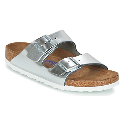 Birkenstock Classic Damen Arizona Leder Softfootbed Pantoletten, Silber Metallic Silver von BIRKENSTOCK