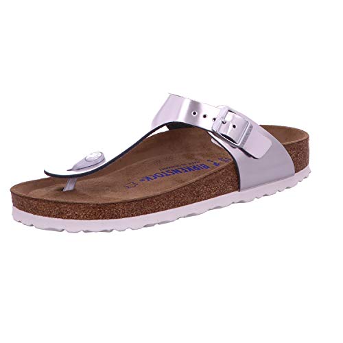 Birkenstock Classic Damen Gizeh Leder Zehentrenner, Silber (Metallic Silver), 37 EU (schmal) von BIRKENSTOCK