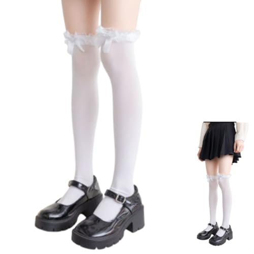 BIRLOZA 1 Paar Rüschen Kniestrümpfe Socken mit Rüschen Damen Rüschen Socken Kniestrümpfe Damen Weiß Hohe Lolita Socken mit Spitzenschleife Geeignet für Mädchen und Damen von BIRLOZA