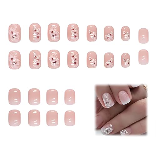 BIRLOZA 24 Stück Weiß Eckig Nägel Zum Aufkleben Kurz mit Blumen Muster Gradient Pink Press on Nails Kunstnägel Fake Nails für Nails Art Square French Künstliche Nägel für Frauen von BIRLOZA
