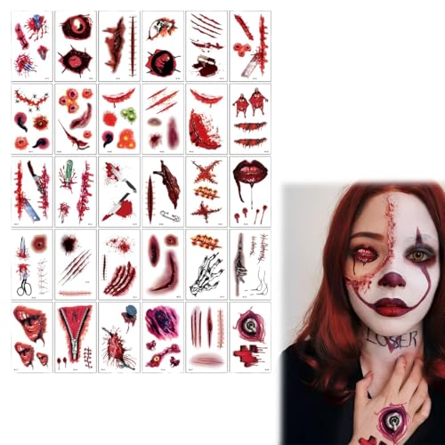 BIRLOZA 30 Blatt Halloween Karneval Kostüm Damen Herren Gesicht Aufkleber, Zombie Vampir Hexen Horror Narben Wunden Gruselig Gesichtstattoo Erwachsene Kinder Fasching Schminke Accessoires von BIRLOZA