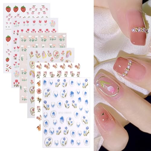 BIRLOZA 3D Nagelsticker Blume Laub Nail Art Sticker Selbstklebend Nagelaufkleber 5D Stereoskopisch Blumen Dekoration Nageldesign Zubehör 6 Blatt von BIRLOZA