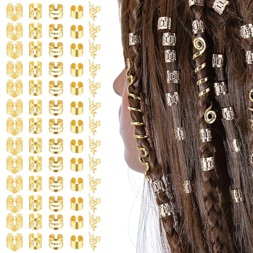 BIRLOZA Dreadlock Schmuck Haarspiralen Clips Haar Geflecht Ringe, Verstellbar Metall Cuffs Haar Dreadlocks Zubehör Manschetten Set Für Männer Und Frauen -80Pcs (Gold) von BIRLOZA