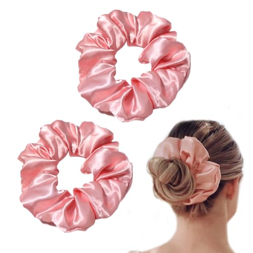 BIRLOZA Scrunchies Haargummi Damen, 2 Stück Weiche Seide Haargummis Mädchen, Premium Satin Invisibobble Scrunchie, Haargummi Scrunchies für Lange Feine Oder Dicke Lockige Haare Mädchen (Rosa) von BIRLOZA
