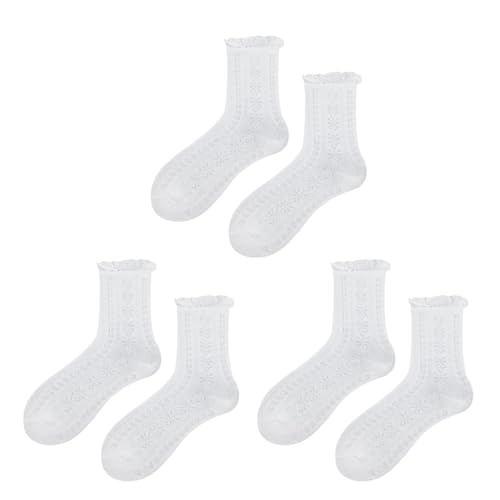 BIRLOZA Weiße Rüschen Socken Baumwoll Spitzen Socken Hohl Muster Rüschen Socken Weiße Rüschen Kleidsocken Prinzessin Söckchen für Frauen Mädchen(3 pair) von BIRLOZA
