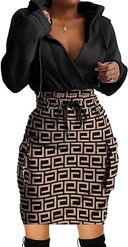 BIRW Damen Bodycon Sweatshirt Kleid Slim Casual Langarm Hohe Taille Kordelzug Pullover Hoodie Kleid mit Taschen, Khaki Labyrinth Print, Groß von BIRW