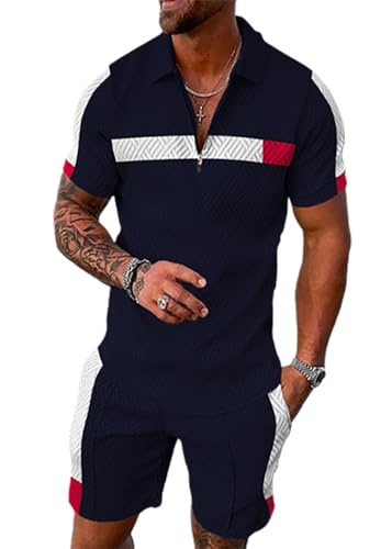 BIRW Herren Kurze Sets 2-teiliges Outfit Poloshirt Mode Sommer Trainingsanzüge Freizeitset Kurzarm und Shorts Set für Herren, Marineblau-weiß gestreifter roter Block, Medium von BIRW
