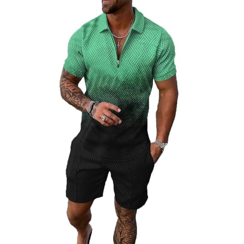 Größe XL Schwarz Grün Gemischtes Herren-Kurz-Set, 2-teiliges Outfit, Poloshirt, modisch, Sommer, Trainingsanzüge, Freizeit-Set, kurzärmelig und Shorts für Herren von BIRW