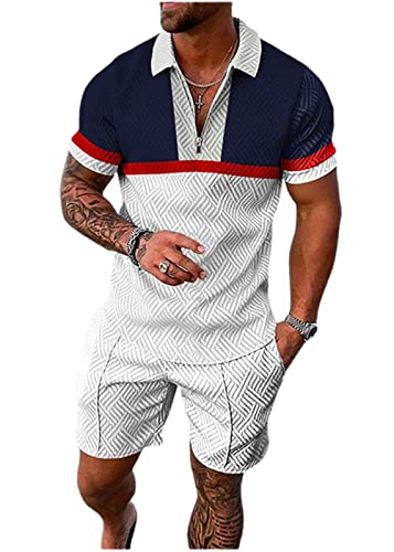 BIRW Herren Kurze Sets 2-teiliges Outfit Poloshirt Mode Sommer Trainingsanzüge Freizeitset Kurzarm und Shorts Set für Herren, Weiß / Marineblau / Rot gestreift, X-Large BIRW Herren Kurze Sets 2-teiliges Outfit Poloshirt Mode Sommer Trainingsanzüge Freizeitset Kurzarm und Shorts Set für Herren, Weiß / Marineblau / Rot gestreift, X-Large von BIRW
