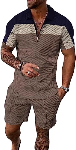 BIRW Herren Track Suits 2 Stück Sommer Kurze Sets Outfits Mode Polo Shirt Casual Kurzarm und Shorts Set, Braun Grau Marineblau, Medium von BIRW