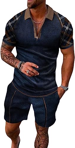 BIRW Herren-Trainingsanzug-Set, Sommer, 2-teilig, modisch, lässig, kurzärmelig, Poloshirt und Shorts, Marineblau kariert, XX-Large von BIRW