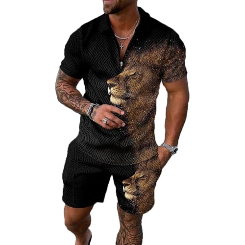 BIRW Herren Trainingsanzüge 2-teiliges Sommer Kurze Sets Outfits Herren Zweiteiler Mode Poloshirt Casual Kurzarm und Shorts Set, Schwarzer, gemischter Gold-Löwe, Medium von BIRW