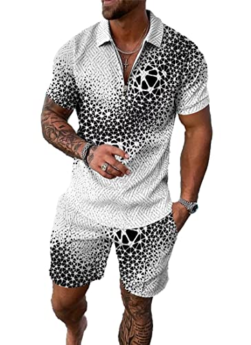 BIRW Herren Trainingsanzüge 2-teiliges Sommer Kurze Sets Outfits Mode Poloshirt Casual Kurzarm und Shorts Set, Schwarz und Weiß Spinnennetz gemischt, X-Large von BIRW