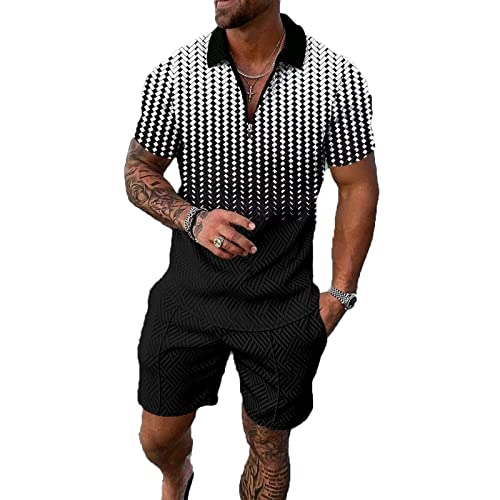 BIRW Herren Trainingsanzüge 2-teiliges Sommer Kurze Sets Outfits Mode Poloshirt Casual Kurzarm und Shorts Set, Schwarz-weiß-gemischtes Quadrat, XXX-Large von BIRW