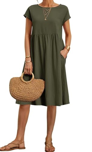 BIRW Kleider für Damen 2025 Sommer Baumwolle Leinen Solid Loose Casual Kleid Strand Urlaub Midi Gaze-Kleid mit Taschen, Grün (Army Green), Groß von BIRW