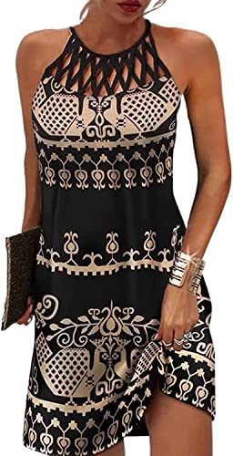 BIRW Sommer Kleider für Frauen 2023 Casual Floral aushöhlen Neckholder A-Linie Sommerkleider für Strandurlaub, Bohemia Schwarz, 5X-Groß von BIRW