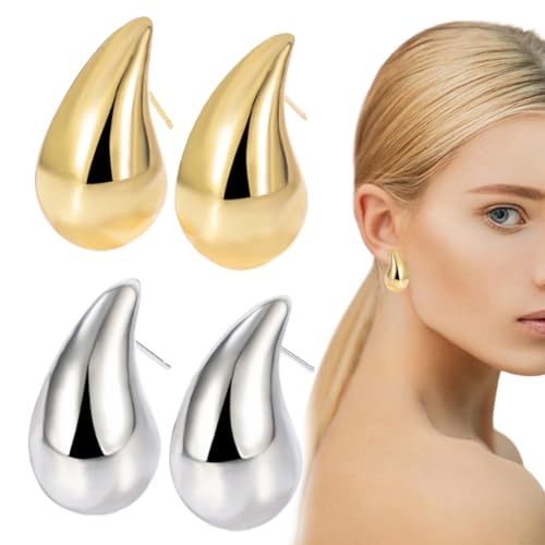 2 Paar Ohrringe Gold und Silber, Ohrringe Damen Waterdrop Tropfen Ohrringe Chunky Damen Hypoallergene Vergoldete Drop Earrings Leichte Ohrringe Tropfen für Frauen MäDchen Geschenke von BIRWUMI