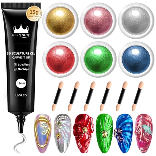 BISHENGYF 6pcs 3D Skulptur Nail Gel : 15g Ohne Abwischen Transparente Hintergrundfarbe Chrome Nail Powder Grün Und Rot Nail Chrome Powder,Hochfahren Solid Nail Glue Design DIY Nail Art Enthusiast Home von BISHENGYF