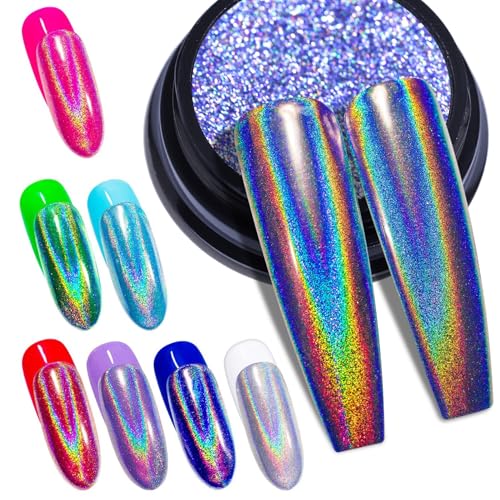 BISHENGYF Holographic Chrome Nail Powder - 1g Mirror Laser Effect Iridescent Holo Nail Chrome Powder, Rainbow Chrome Powder for Gel Nails Pigment Glitter for Nail Art Decorations, Gel Nail Polish von BISHENGYF