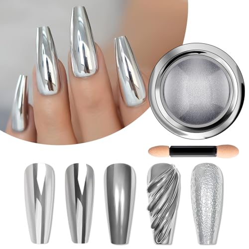 BISHENGYF Silver Chrome Nail Powder – Metal Holo Chromfarbener Nagelpuder, 1g Cromepulver Nägel Glitzer Glänzende Silver Nagelpulver Spiegeleffekt Pigment Nagelkunst, DIY-Design-Dekor Frauen Geschenk von BISHENGYF