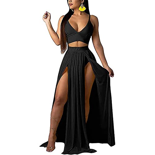 BISKAMY Damen Abendkleid Sommerkleid Sexy V-Ausschnitt Lange Schlinge Kleid Frauen Chiffon 2 Teiler Kleid mit Schlitz Partykleid Kleidung Maxikleid von BISKAMY