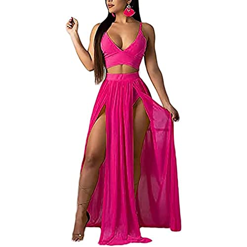 BISKAMY Damen Abendkleid Sommerkleid Sexy V-Ausschnitt Lange Schlinge Kleid Frauen Chiffon 2 Teiler Kleid mit Schlitz Partykleid Kleidung Maxikleid von BISKAMY