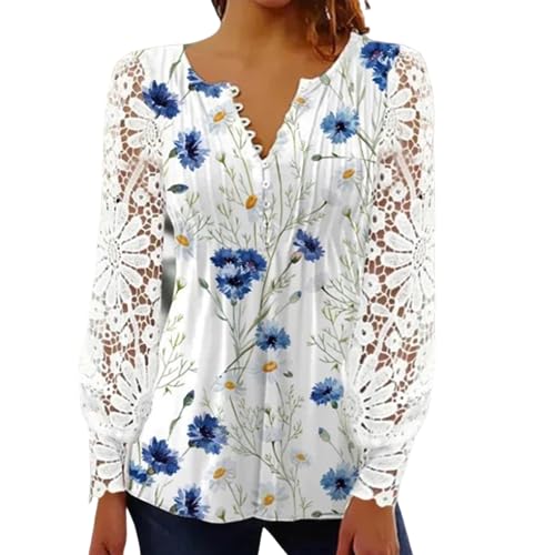 BISKAMY Tops für Damen Elegante Damen Tops Spitze Patchwork Shirts Langarm V-Ausschnitt Bluse Plus Größe Casual Lose T-Shirt von BISKAMY