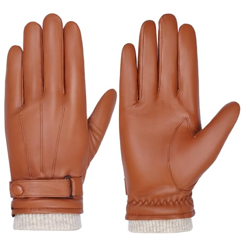 BISON DENIM Herren Thermo Winterhandschuhe Echtleder Handschuhe Touchscreen Lederhandschuhe Warme mit Fleece gefütterte Handschuhe Winddicht Wasserdicht von BISON DENIM