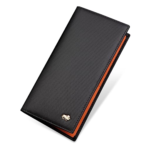 BISON DENIM RFID Bifold Wallets Slim Credit Card Wallet Real Leather Mens Long Wallet with Zipper Coin Pocket (W4470-Orange), Orange/Abendrot im Zickzackmuster (Sunset Chevron), RFID-Geldbörse von BISON DENIM