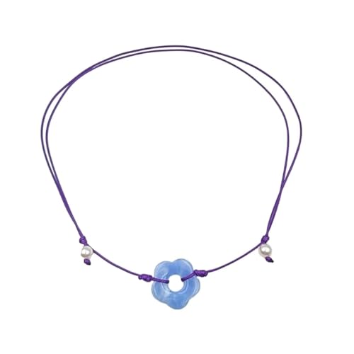 BISONBLUE Halskette Anhänger Damen Frauen Kette Mädchen Geschenk Freundin Blumenanhänger, Passende Schlüsselbeinkette, Verstellbares Zugseil, Kaltwind-Halskette, Blau von BISONBLUE