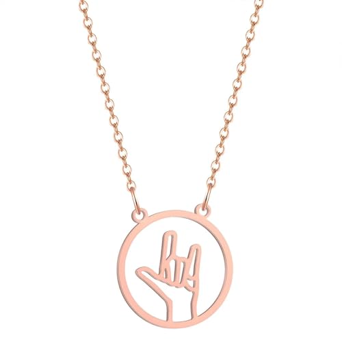 BISONBLUE Halskette Anhänger Damen Frauen Kette Mädchen Geschenk Freundin Gesten-Halskette „Ich Liebe Dich“, Handflächen-Gebärdensprache-Halskette, Einfache Rock-Halsketten, Roségold von BISONBLUE