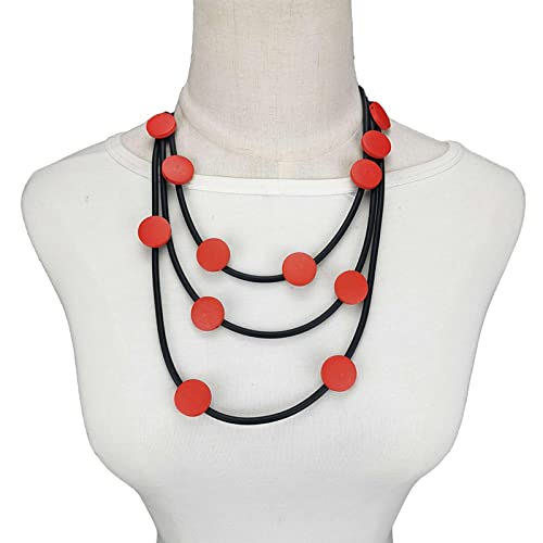 BISONBLUE Halskette Damen Anhänger Geschenk Kettige Frauen Necklace Mehrfarbige Holz-Halsketten, Damen-Halskette, Gummiseil, Gothic-Kleidung, Accessoires, Pullover-Ketten, Rot von BISONBLUE