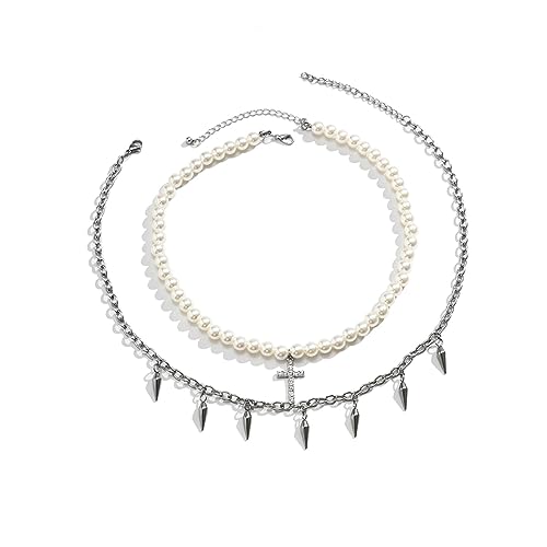 BISONBLUE Halskette Herren Anhänger Chain Ketten Dame Geschenk Punk Imitation Perle Perle Kette Spikes Kreuz Anhänger Halskette Männer Hiphop Layered Set Mode Pearlchains01 von BISONBLUE