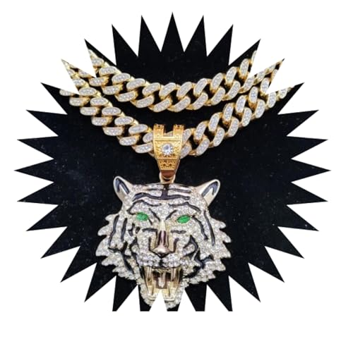 BISONBLUE Herren Damen Punk Hip-Hop Rock Mode Trend Unisex Halskette Tiger Anhänger 3D Kristall Iced Out Bling Goldfarbe 50 cm BISONBLUE Herren Damen Punk Hip-Hop Rock Mode Trend Unisex Halskette Tiger Anhänger 3D Kristall Iced Out Bling Goldfarbe 50 cm von BISONBLUE