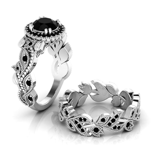 BISONBLUE Ringe Damen Rings Frauen Geschenk Modeaccessoires 2 Teile/satz Voller Kristall Fingerring für Frauen Einzigartige Rosa Schwarz Stein Floral Blatt Ringe Weibliche Vintage Mutter Tag geschen von BISONBLUE