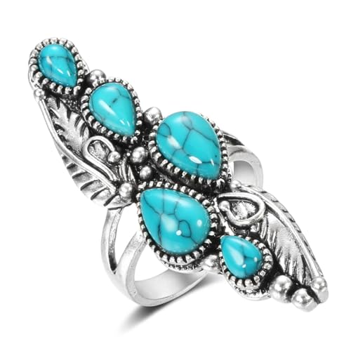 BISONBLUE Ringe Damen Rings Frauen Geschenk Modeaccessoires Großer Ring aus Naturstein für Damen, Vintage-Stil, geschnitztes Muster, Party, große Ringe 11, Blau von BISONBLUE