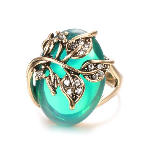 BISONBLUE Ringe Damen Rings Frauen Geschenk Modeaccessoires Grüne ovale Kristallblumenringe, antiker Vintage-Ring, Boho-Stil, Blume für Damen, 8 grün von BISONBLUE