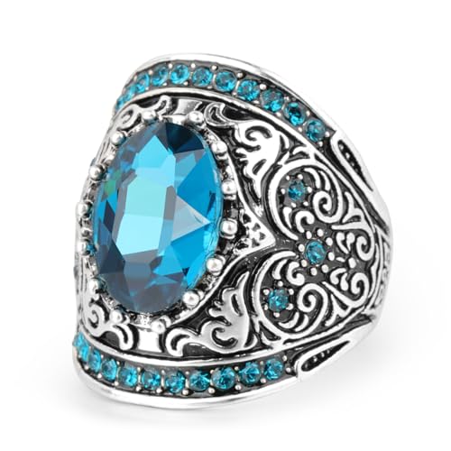 BISONBLUE Ringe Damen Rings Frauen Geschenk Modeaccessoires Luxuriöse böhmische blaue Kristallringe für Frauen, antikes Muster, Vintage 7 Blau von BISONBLUE